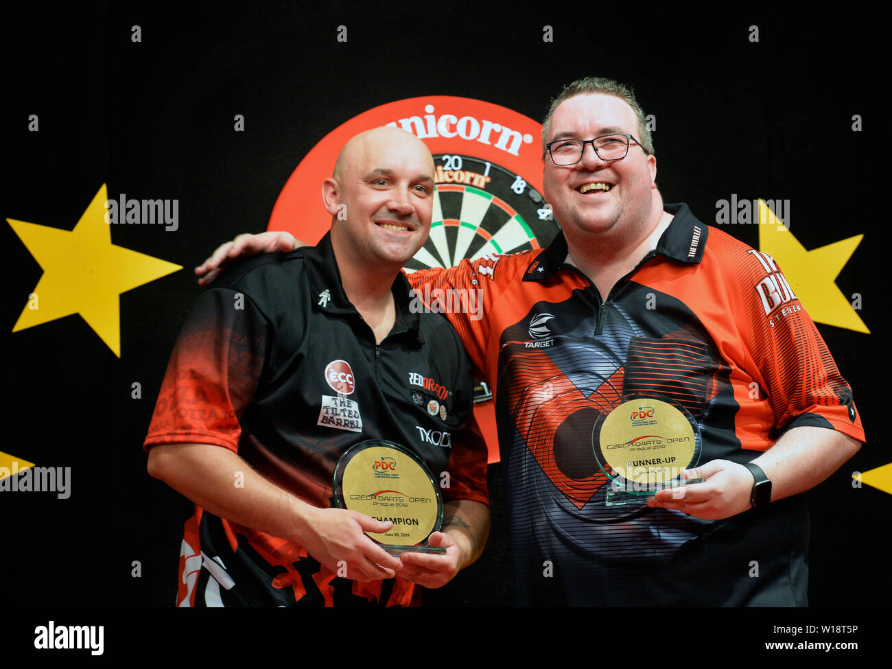 Prague, Czech Republic. 30th June, 2019. Winner Jamie Hughes, left, and the  second placed Stephen Bunting pose after the PDC Czech Darts Open in Prague,  Czech Republic, on Sunday, June 30, 2019.