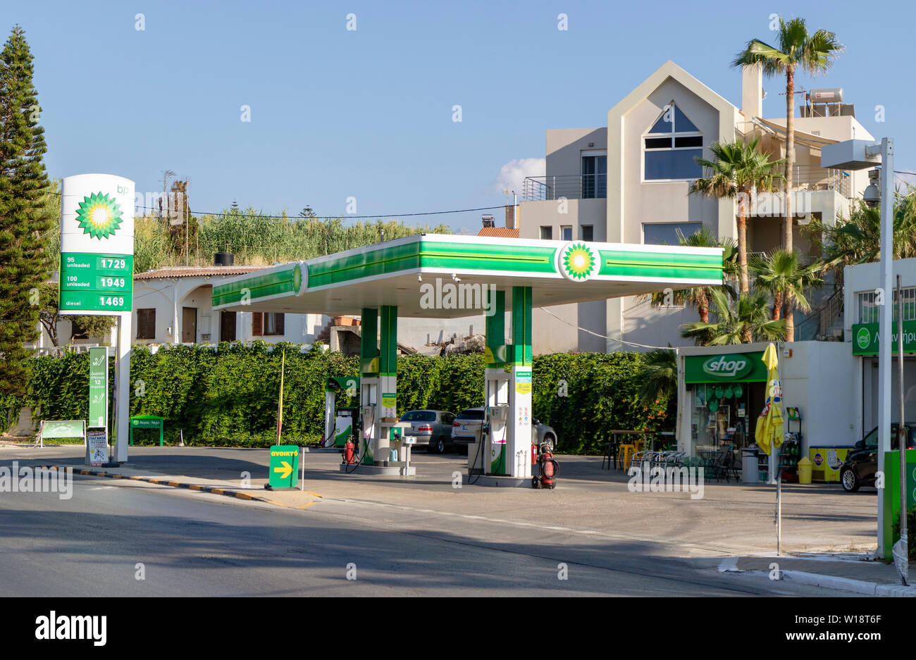 Chania, Crete, Greece, June 2019. A Cretan roadside service station in Chania, Crete. Stock Photo