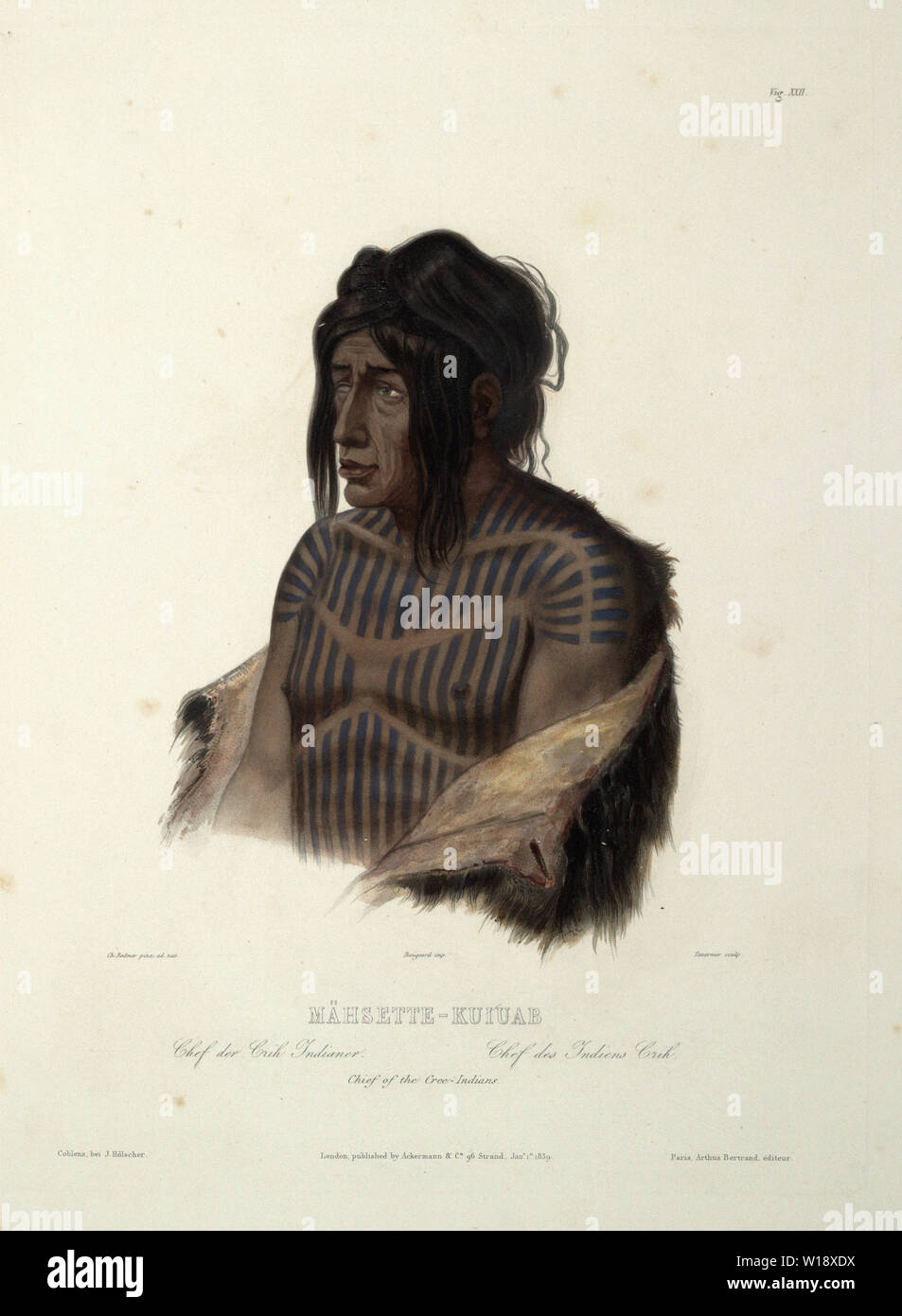 Karl Bodmer - Mahsette Kuiuab Chief Cree Indians Plate 22 Volume 1 Travels Interior 1843 Stock Photo