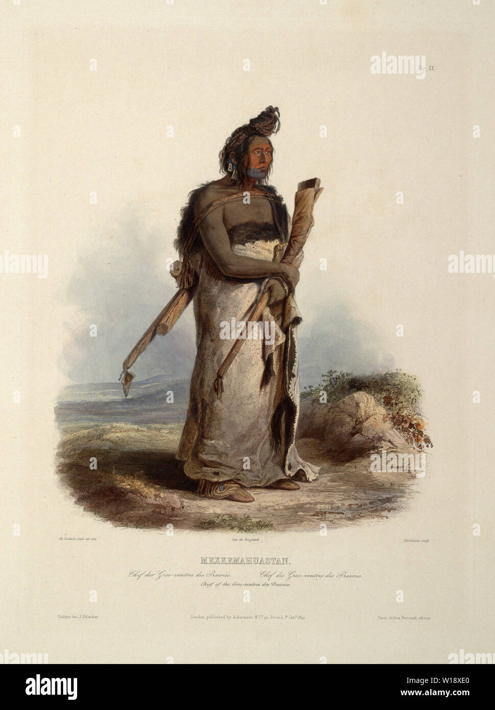 Karl Bodmer - Mexkemahuastan Chief Gros Ventres Prairies Plate 20 Volume 1 Travels 1843 Stock Photo