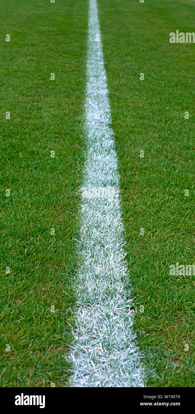 Painted white line on empty soccer grass field Stock Photo