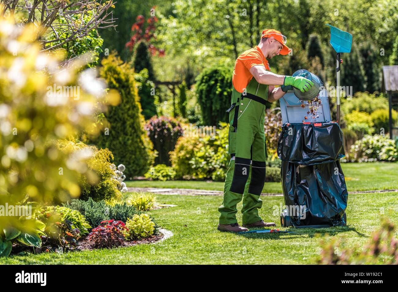 Summer Time Garden Maintenance Caucasian Pro Gardener Cleaning Huge Backyard From Leaves And Grasses Stock Photo Alamy