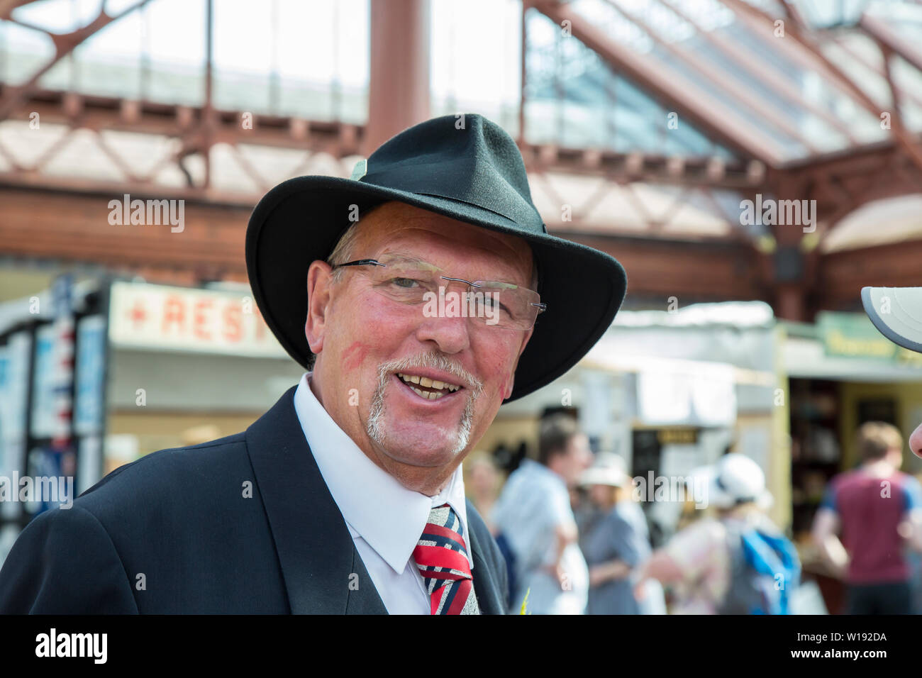 Kidderminster, UK. 29th June, 2019. Severn Valley Railways 'Step back to the 1940's' gets off to a fabulous start this weekend with re-enactors playing their part in providing an authentic recreation of second world war Britain. With WW2 spivs constantly on the prowl for potential business, rail passengers enjoy their humorous banter! Credit: Lee Hudson Stock Photo