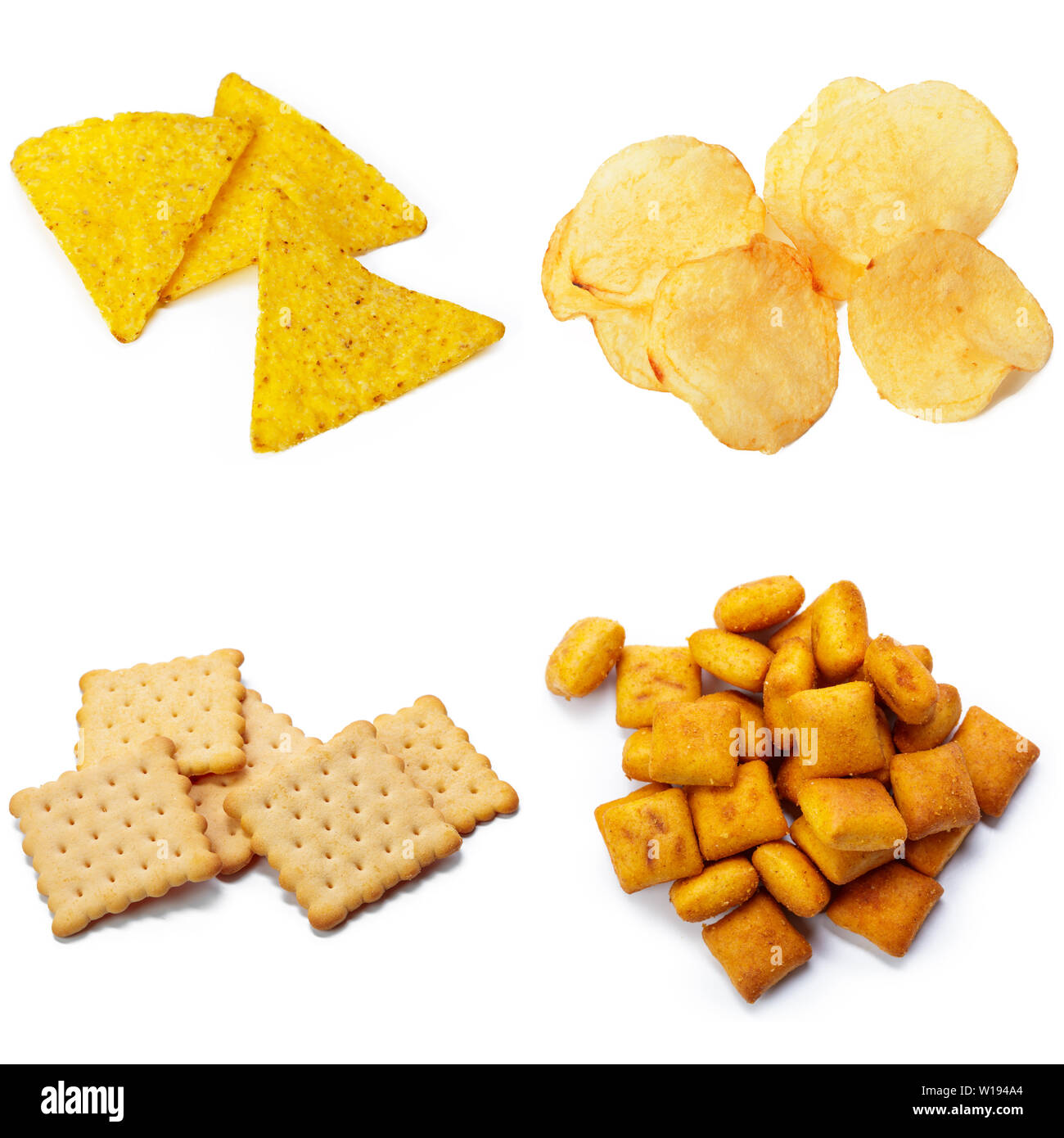 Salty snacks. Pretzels, chips, crackers collage Stock Photo Alamy