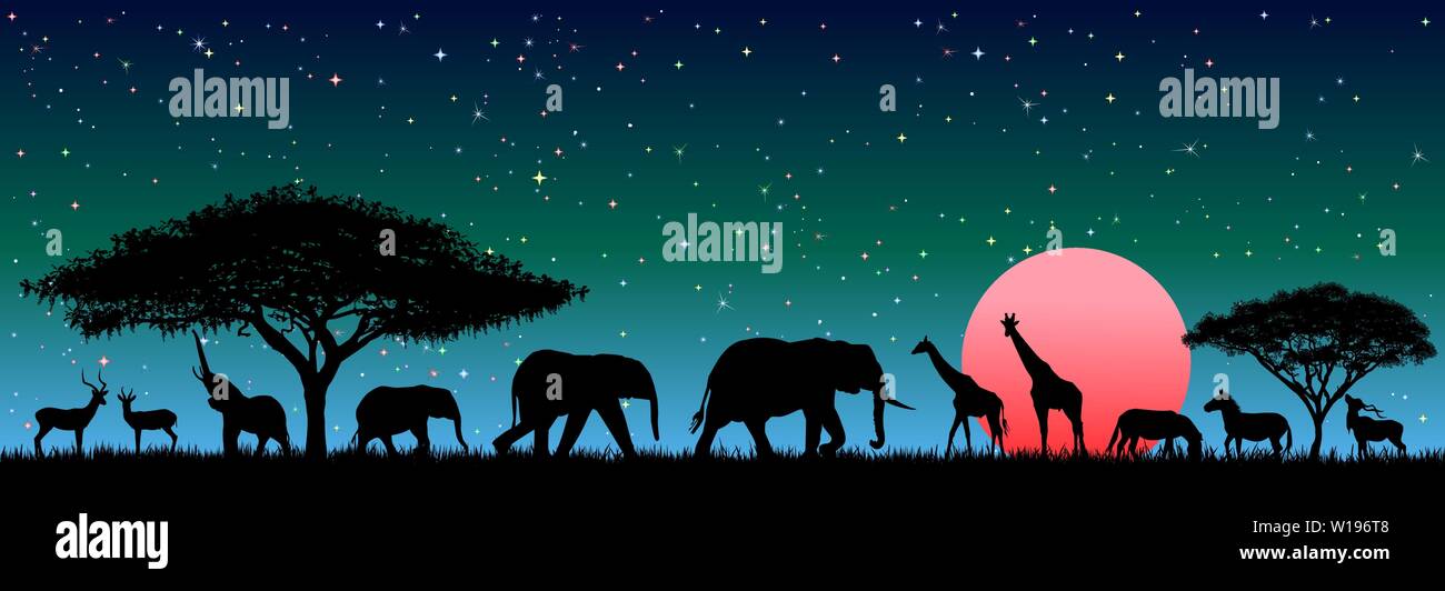 Silhouettes of wild animals of the African savanna. Wild african animals against the night sky. Stock Vector
