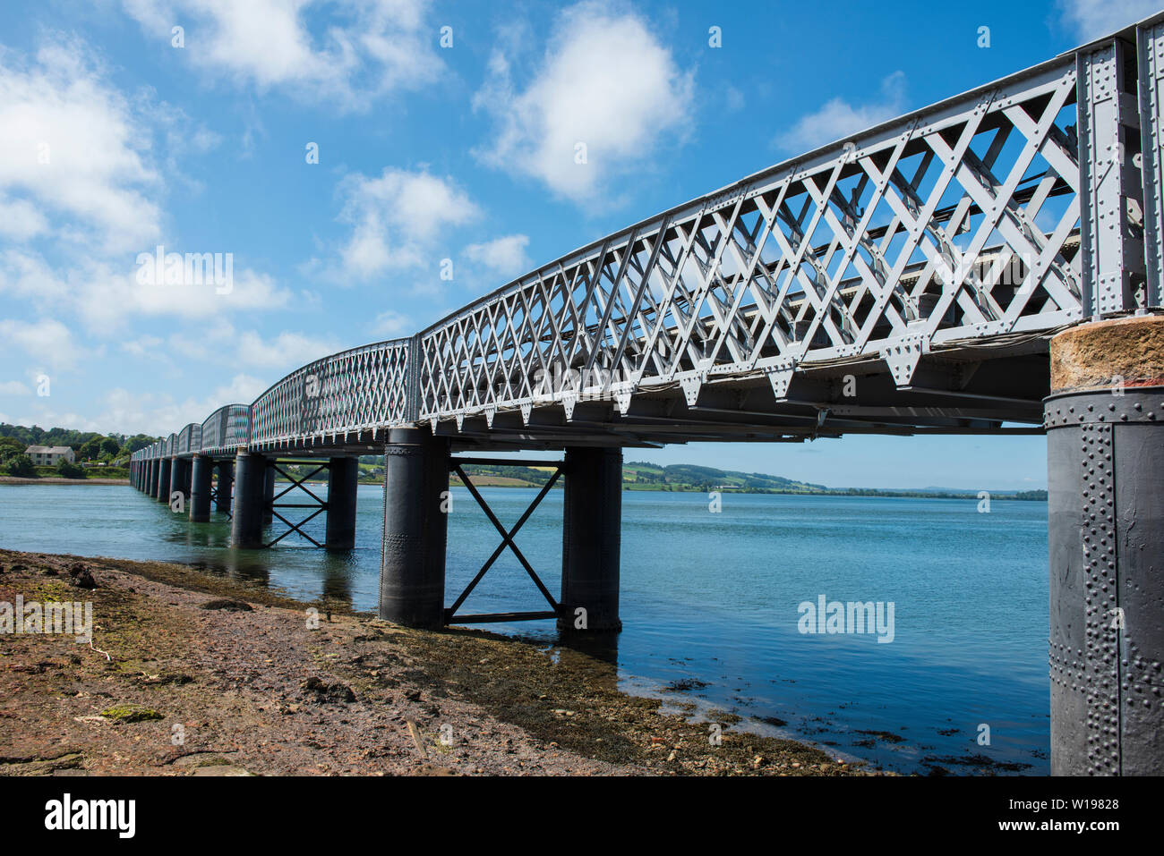Railway bridge over the River Esk with Montrose Basin beyond, Montrose, Angus, Scotland. Stock Photo