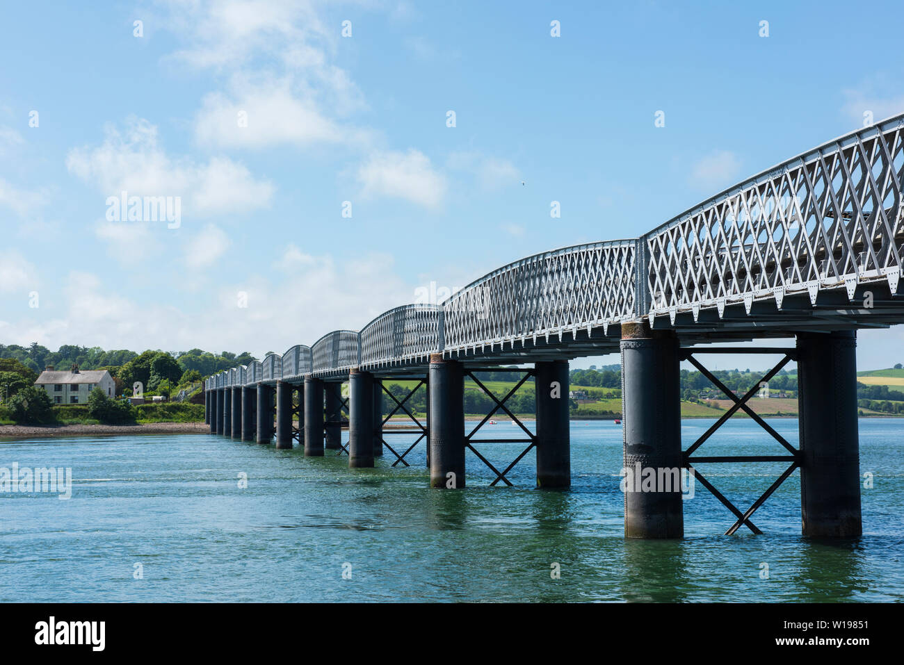 Railway bridge over the River Esk with Montrose Basin beyond, Montrose, Angus, Scotland. Stock Photo