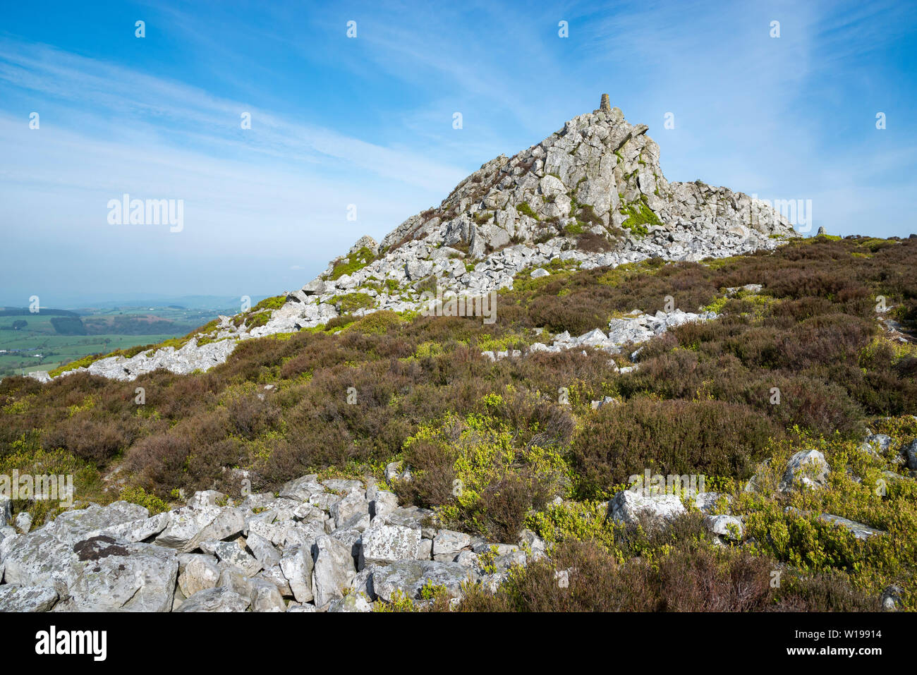 The Stiperstones, Shropshire, England. Trig point on Manstone rock. Stock Photo