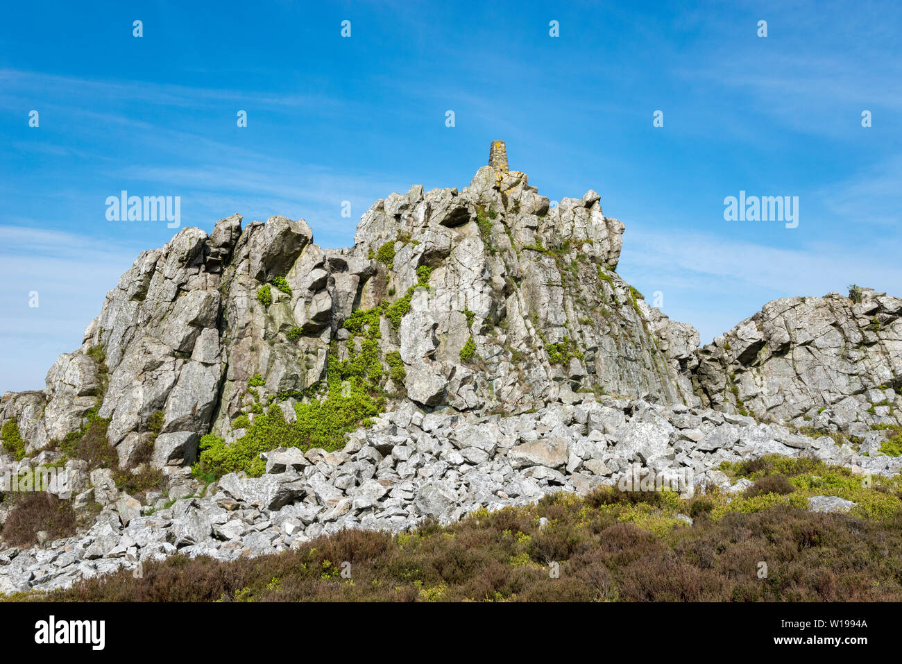 The Stiperstones, Shropshire, England. Trig point on Manstone rock. Stock Photo