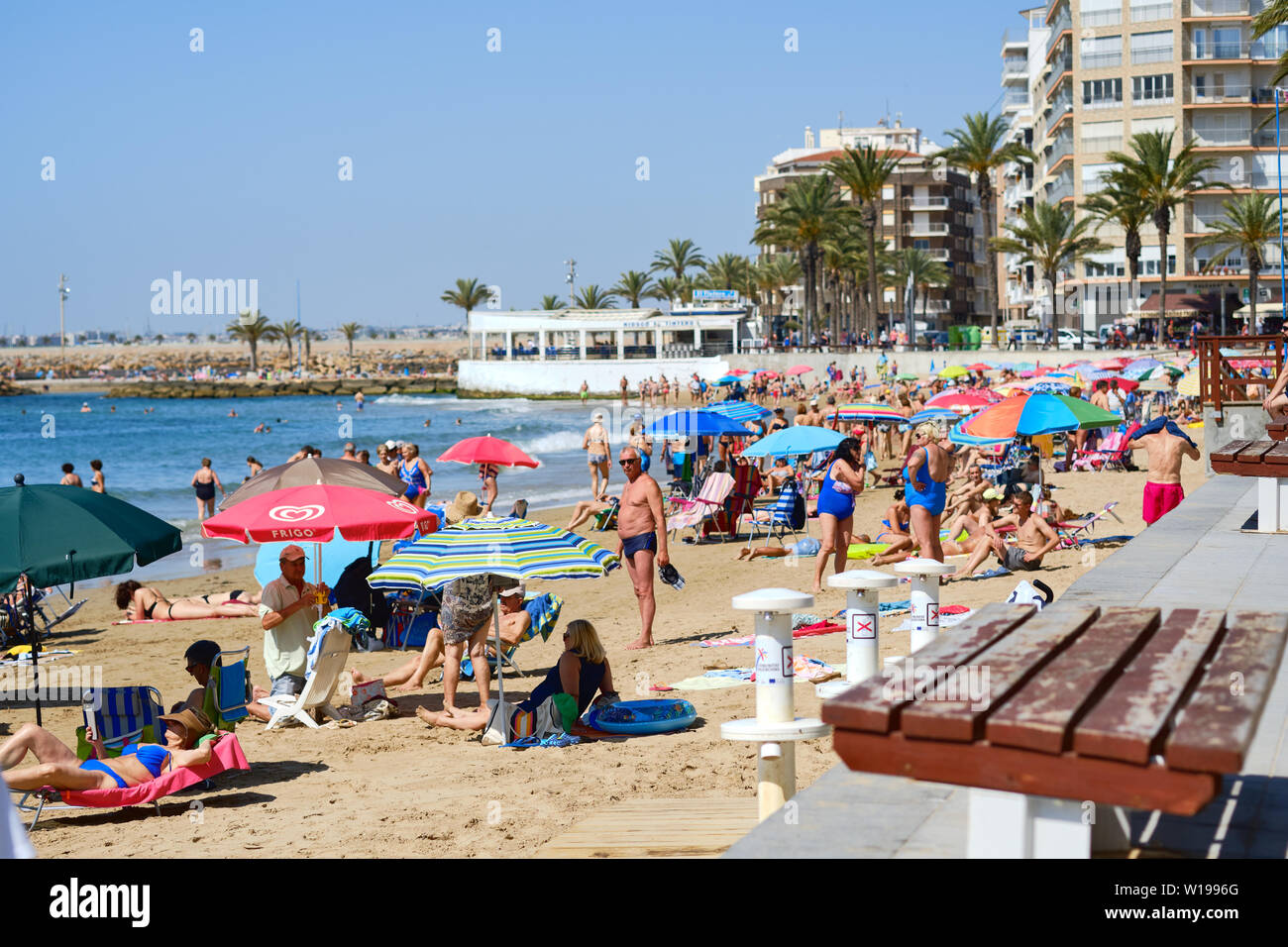 Torrevieja, Spain - June 10, 2019: Lot of tourists enjoy warm summer ...