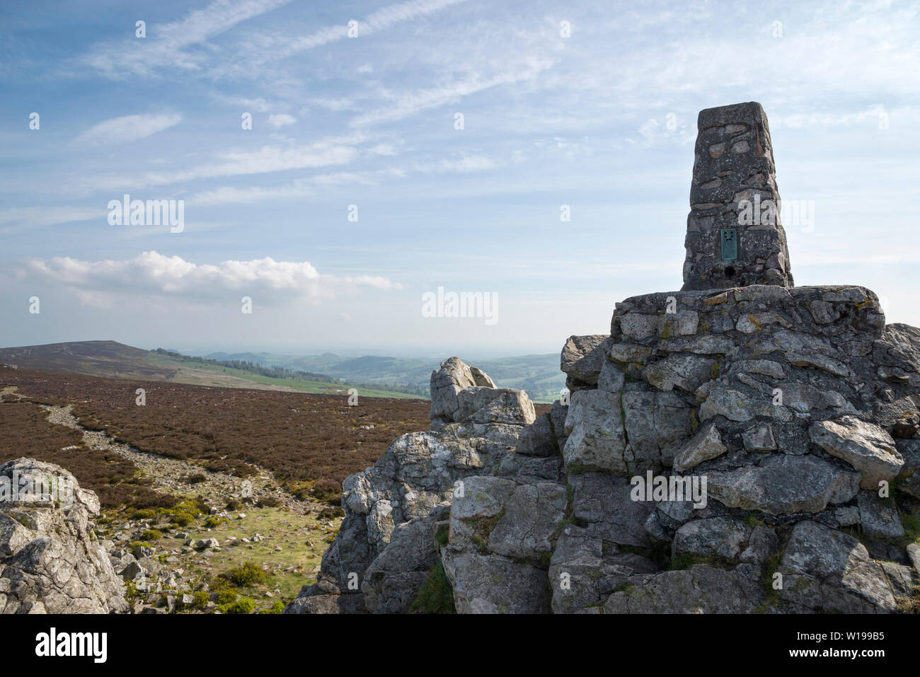The Stiperstones, Shropshire, England. Trig point on Manstone rock. Stock Photo