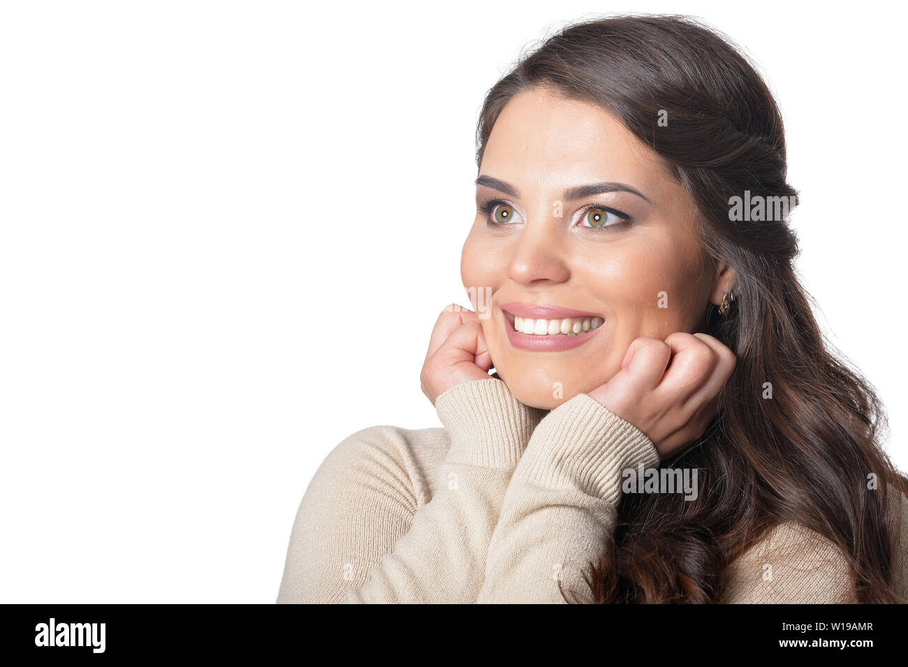 Portrait of young woman on white background Stock Photo - Alamy