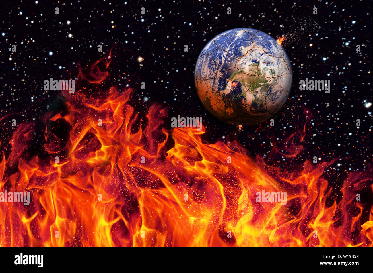 Apocalypse, the earth destroyed by exploding sun . End of The Time. Science fiction art. Elements of this image furnished by NASA . Stock Photo