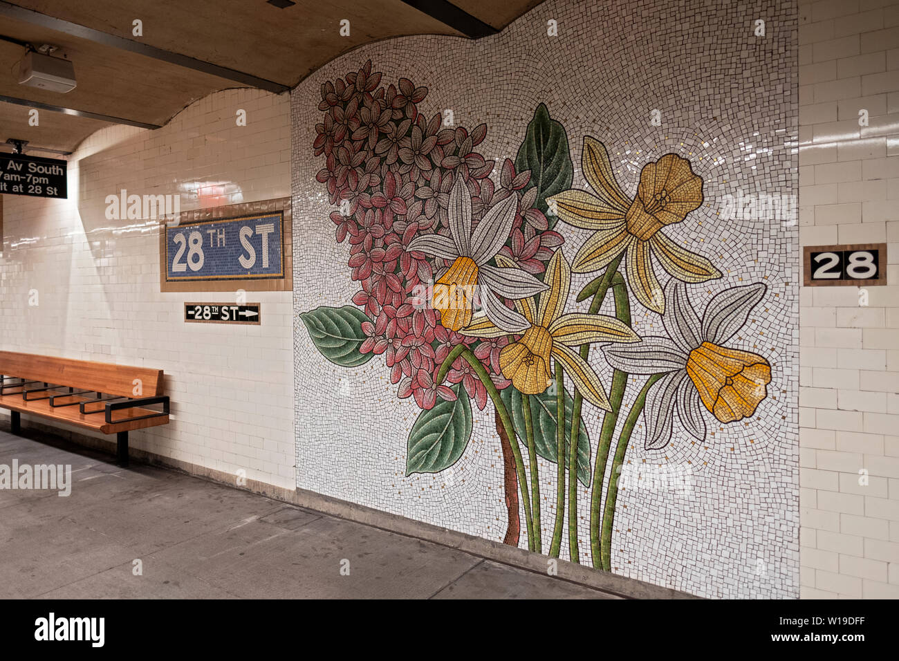 Beautiful floral mosaic mural at the East 28th Street subway station on the number 6 line in Manhattan, New York City. Stock Photo
