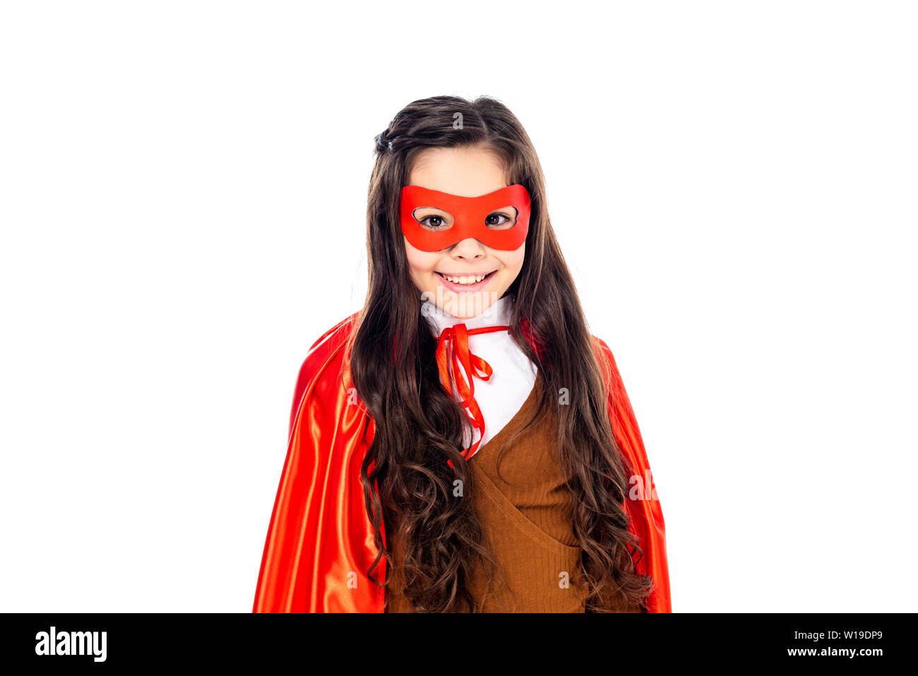 Happy Girl In Superhero Costume And Mask Isolated On White Stock