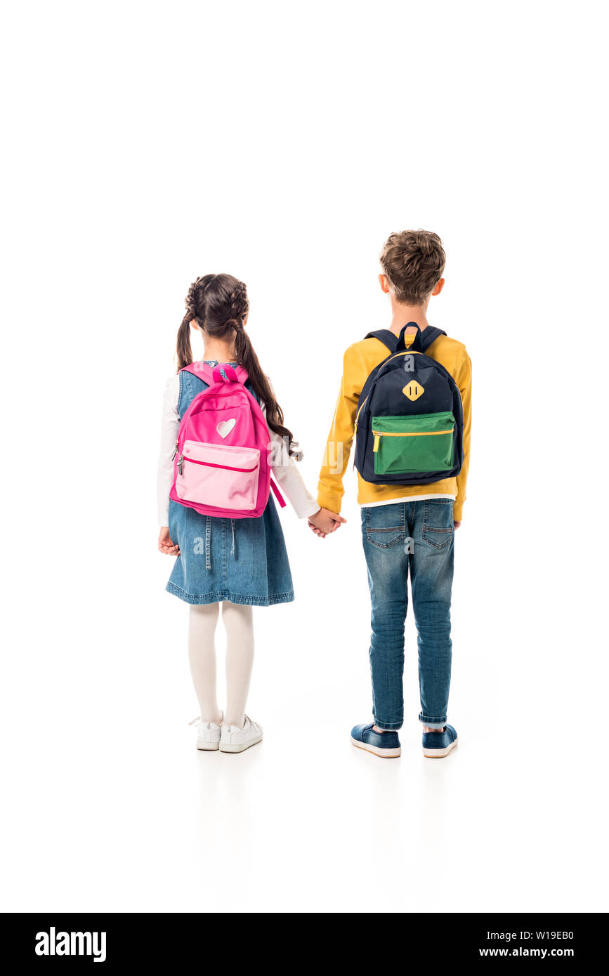 back view of schoolchildren with backpacks holding hands isolated on ...