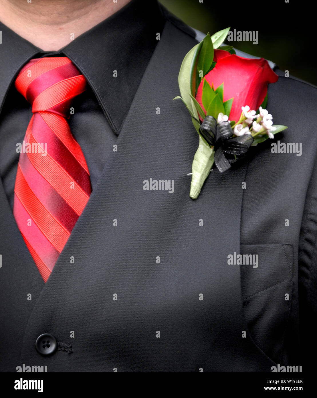 Man wearing formal suit tie and flower for dance or wedding Stock Photo
