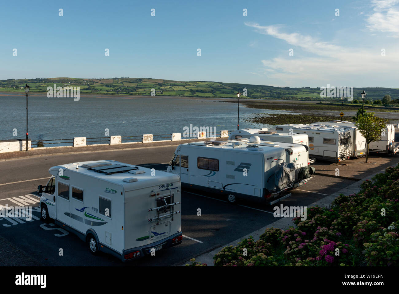 Caravan park. Caravans parked near Dungarvan Park at the mouth of Colligan River in area designated for coaches in Dungarvan, County Wexford, Ireland. Stock Photo