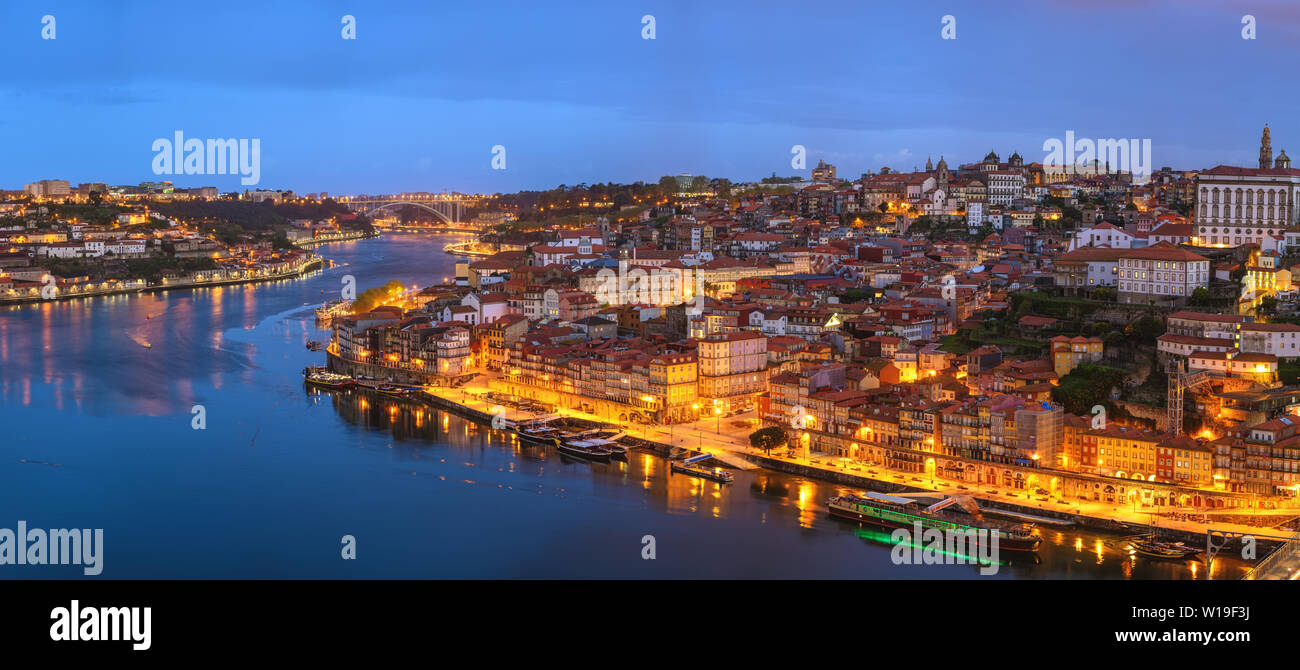 Porto Portugal night panorama city skyline at Porto Ribeira and Douro River Stock Photo