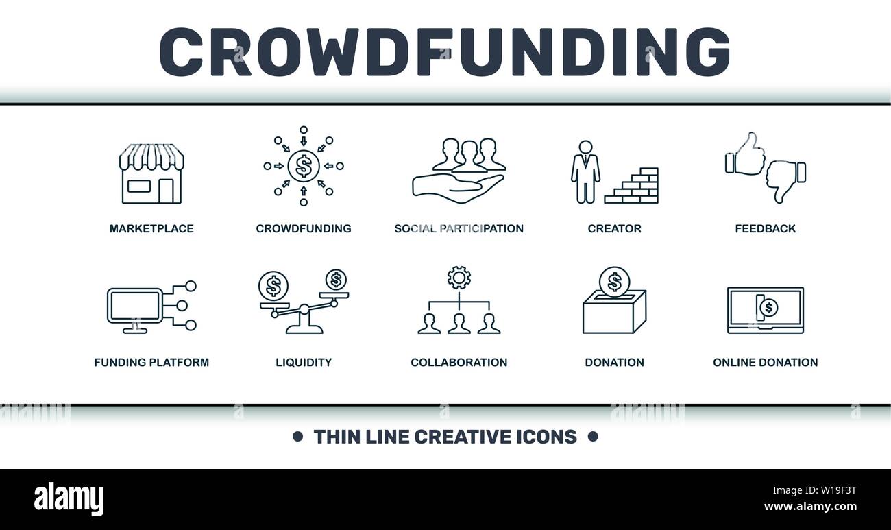 Crowdfunding icons thin line set collection. Includes creative elements such as Marketplace, Crowdfunding, Social Participation, Creator, Feedback Stock Vector