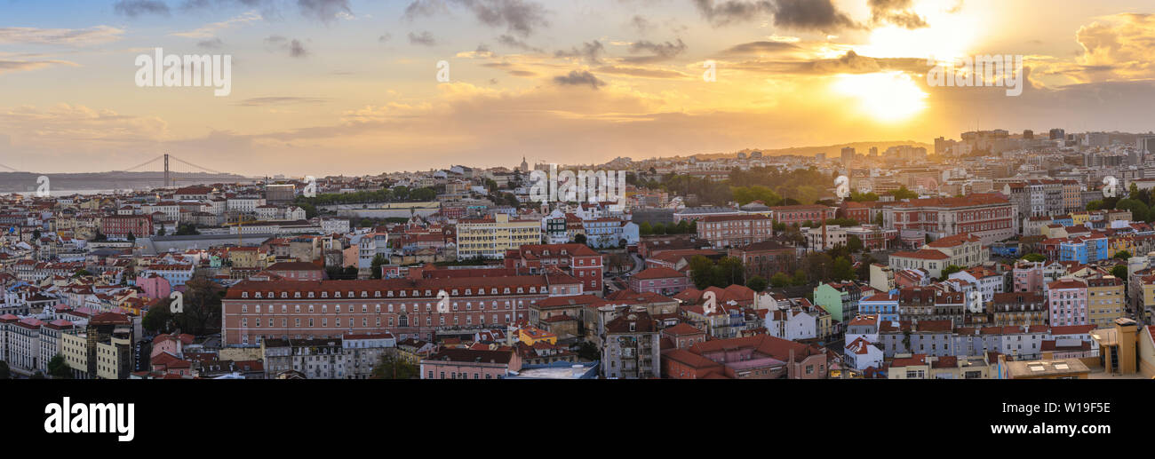 Lisbon Portugal aerial view sunset panorama city skyline at Lisbon Baixa district Stock Photo