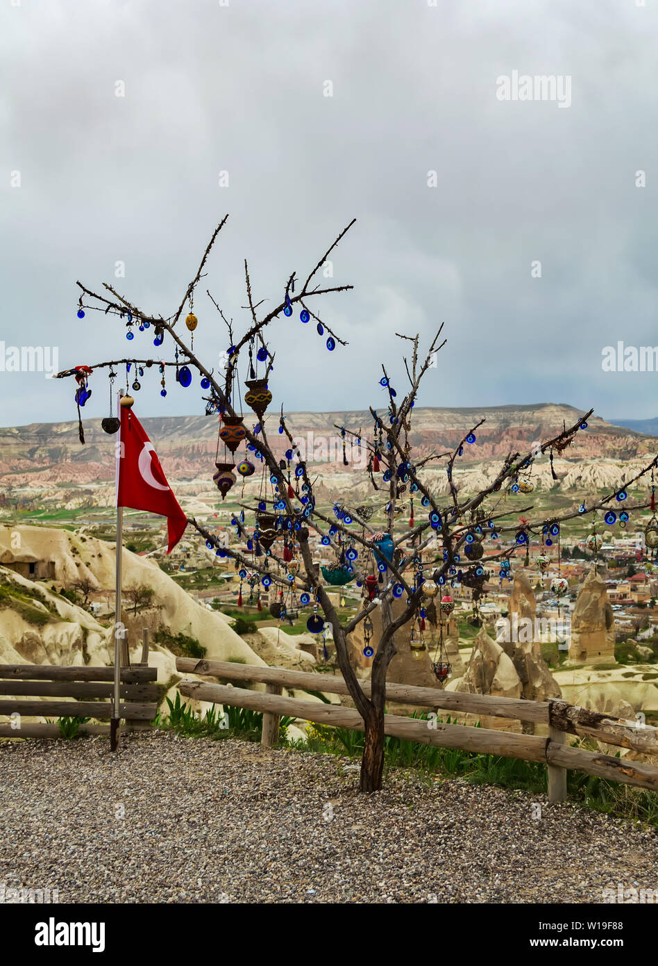Turkish flag next to the wish tree on a viewing platform in Nevsehir, Cappadocia Stock Photo