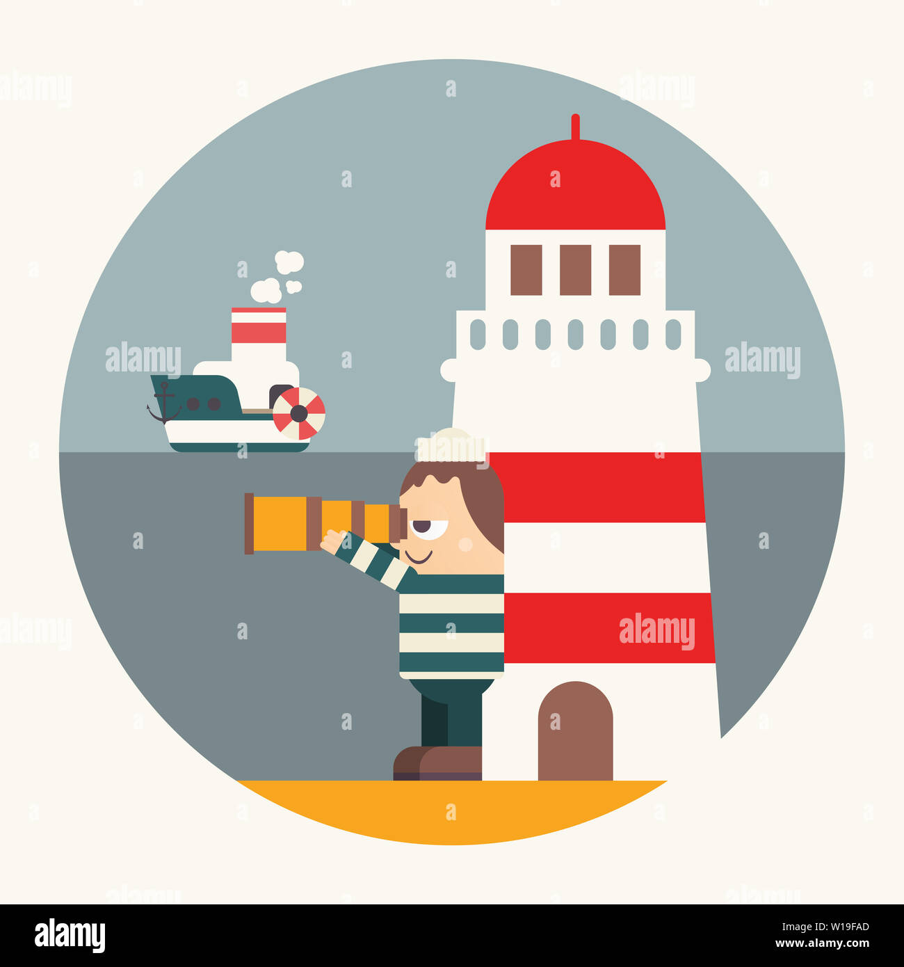 Funny Cartoon Sailor or Lighthouse Keeper on the Beach looking at Sea