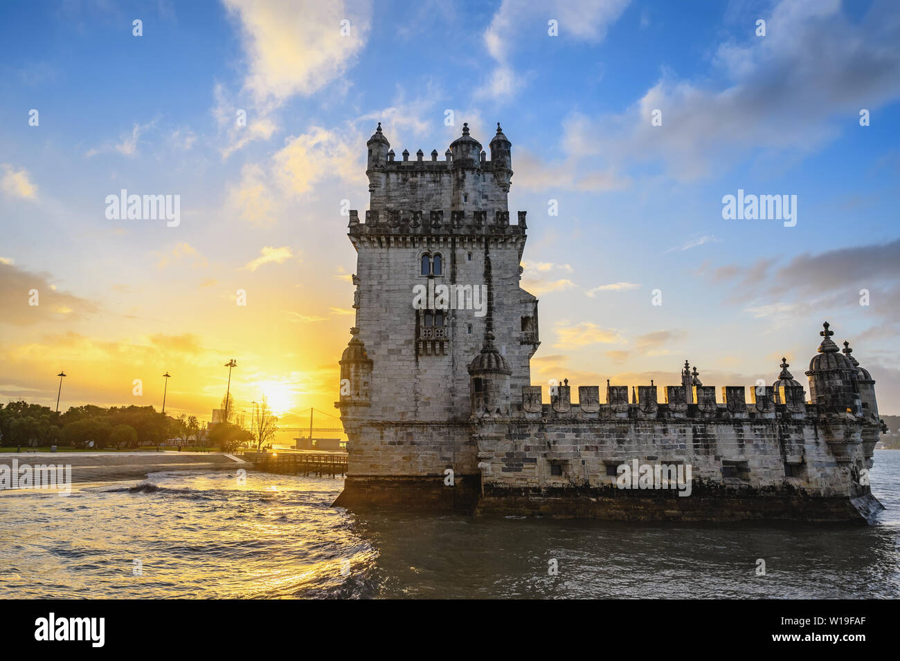 Lisbon Portugal sunrise city skyline at Belem Tower and Tagus River Stock Photo