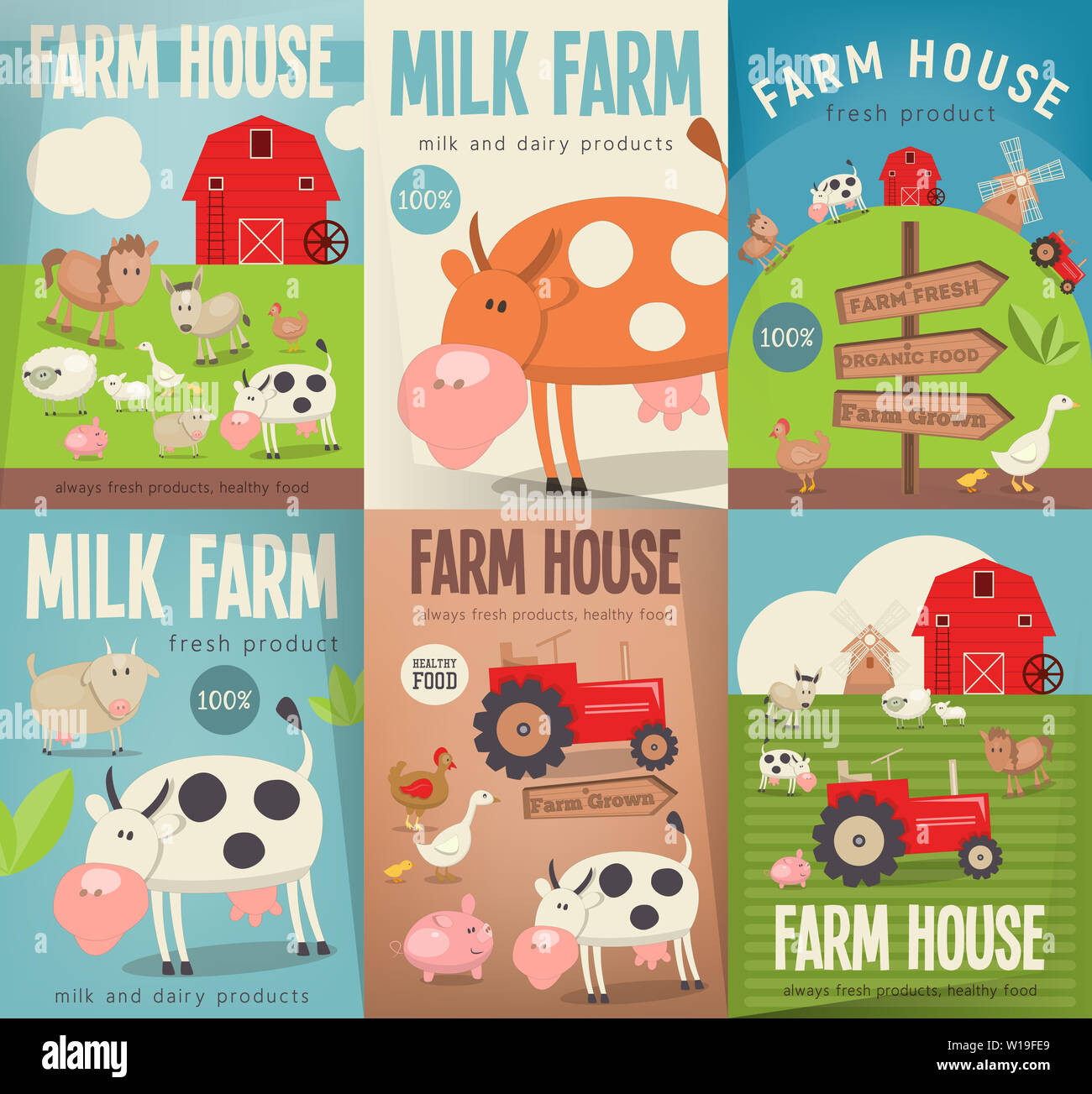Farm House Posters Set Farmers Market Healthy Food Organic Products 