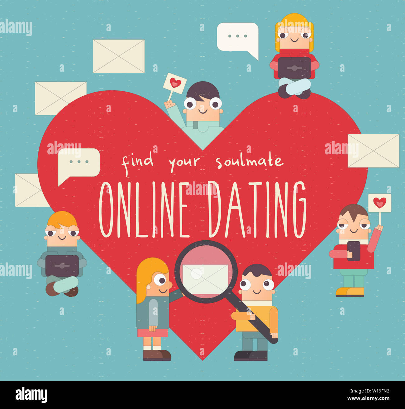 Online Dating Retro Poster. Cute Cartoon People Send and Receive Love Email Messages via Mobile Gadgets. Internet or Remote Relationship Concept. Vect Stock Photo