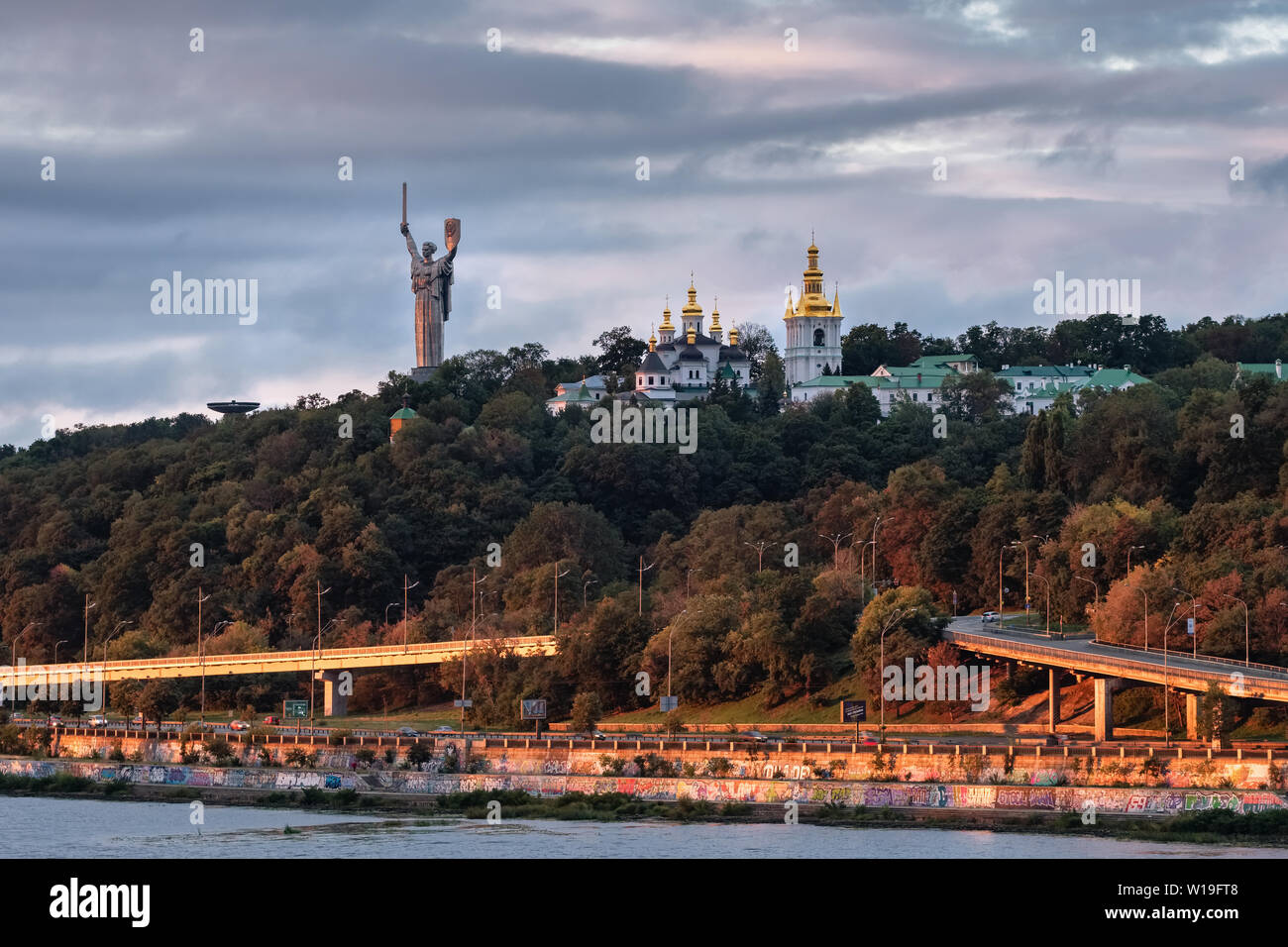 Kyiv cityscape with the view at Kiev Pechersk Lavra monastery and the Motherland Monument Stock Photo