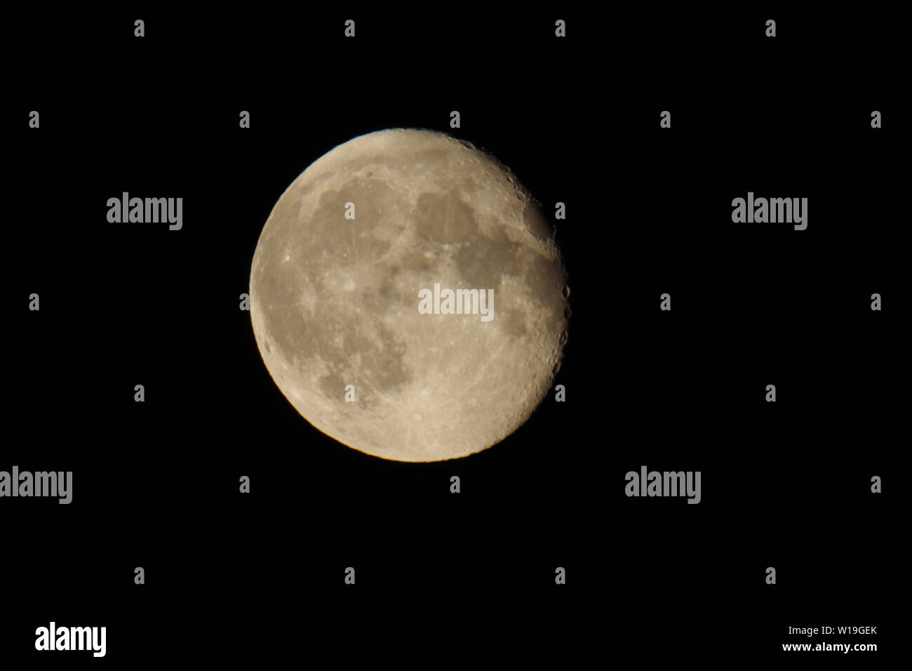 Large yellow june strawberry moon in waning gibbous phase in the night