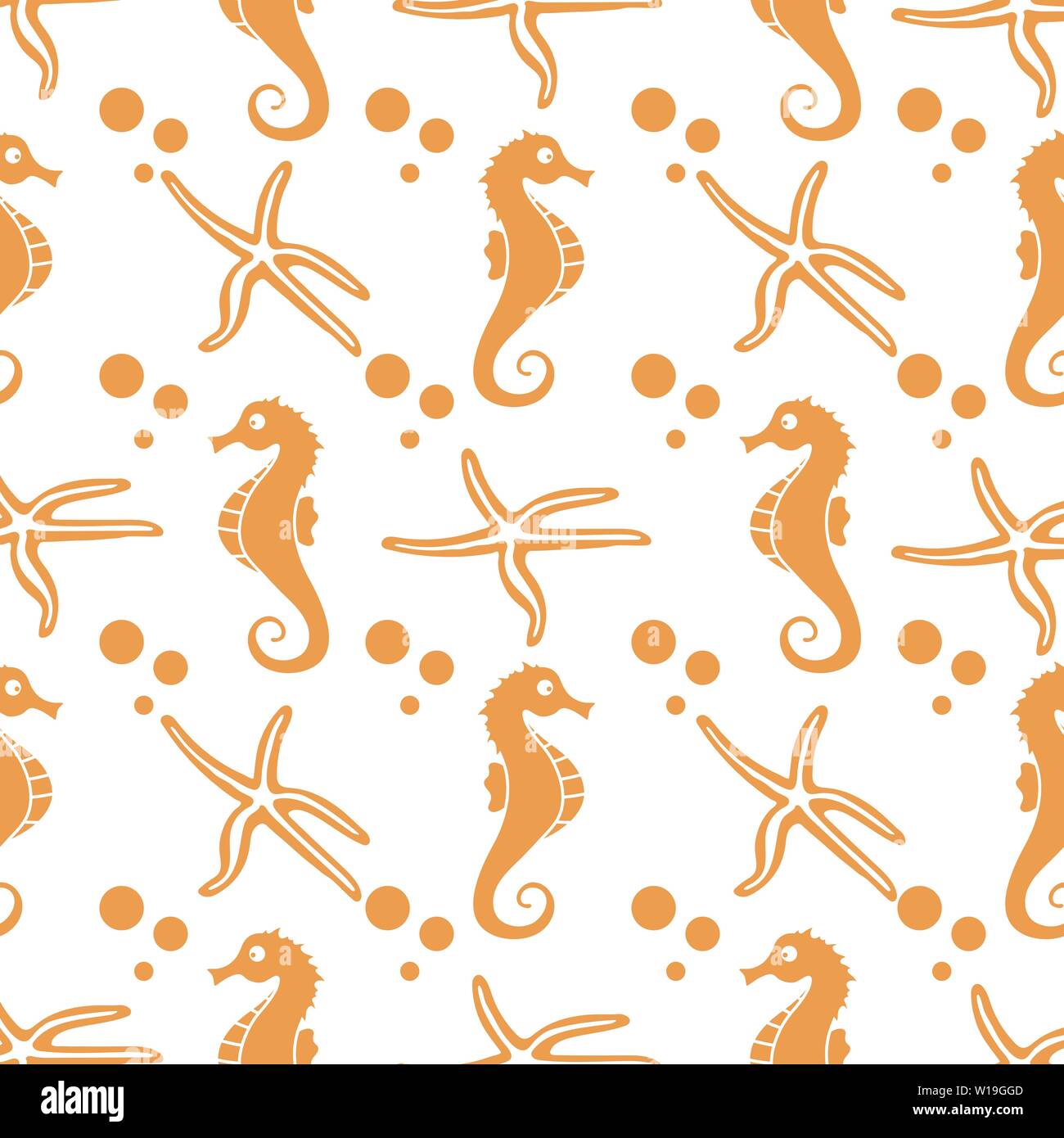 Vector seamless pattern with sea horses, starfish and bubbles. Marine ...