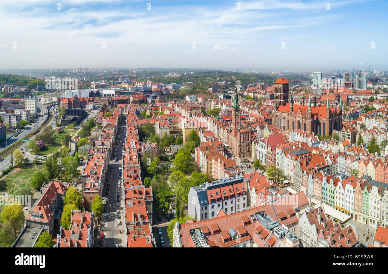 Gdansk view from the air. St. Mary's Basilica in Gdańsk, the Shakespeare Theater and other tourist attractions seen from the bird's eye view. Stock Photo