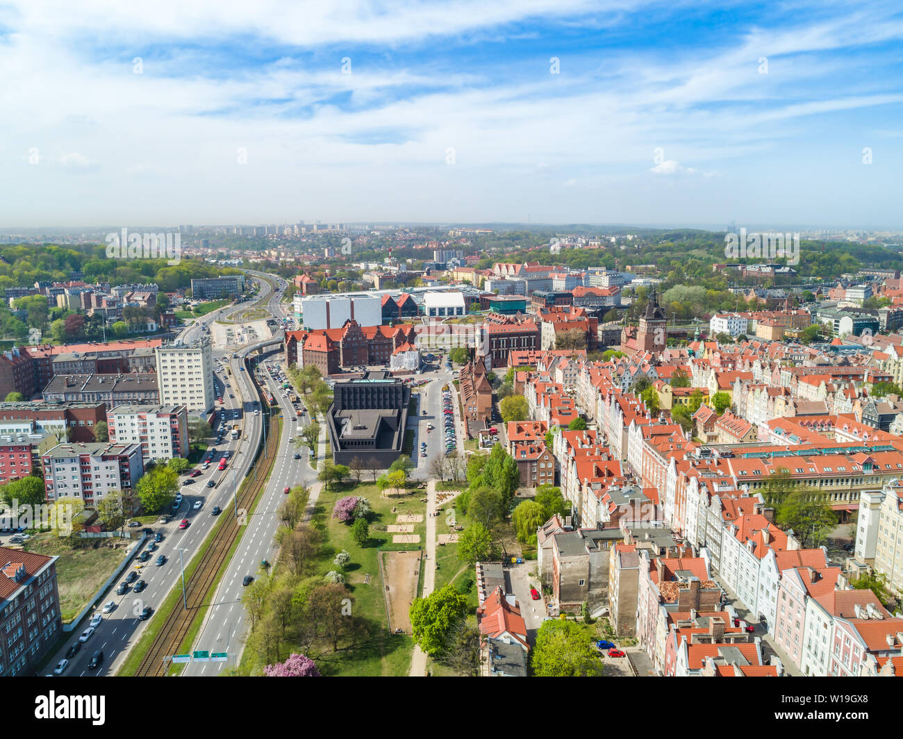 Gdańsk from a bird's eye view. A city landscape with an apparent Shakespearean Theater. Tourist attractions and monuments of the old town. Stock Photo
