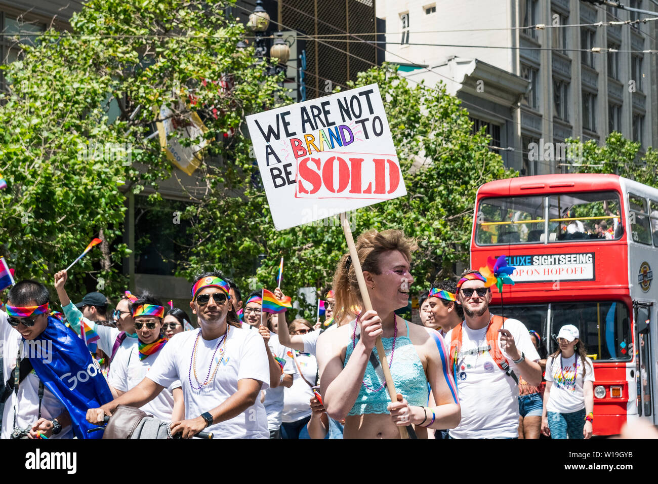 June 30, 2019 San Francisco / CA / USA - Google employees participating at the 2019 San Francisco Pride Parade; participant carrying a sign stating ' Stock Photo