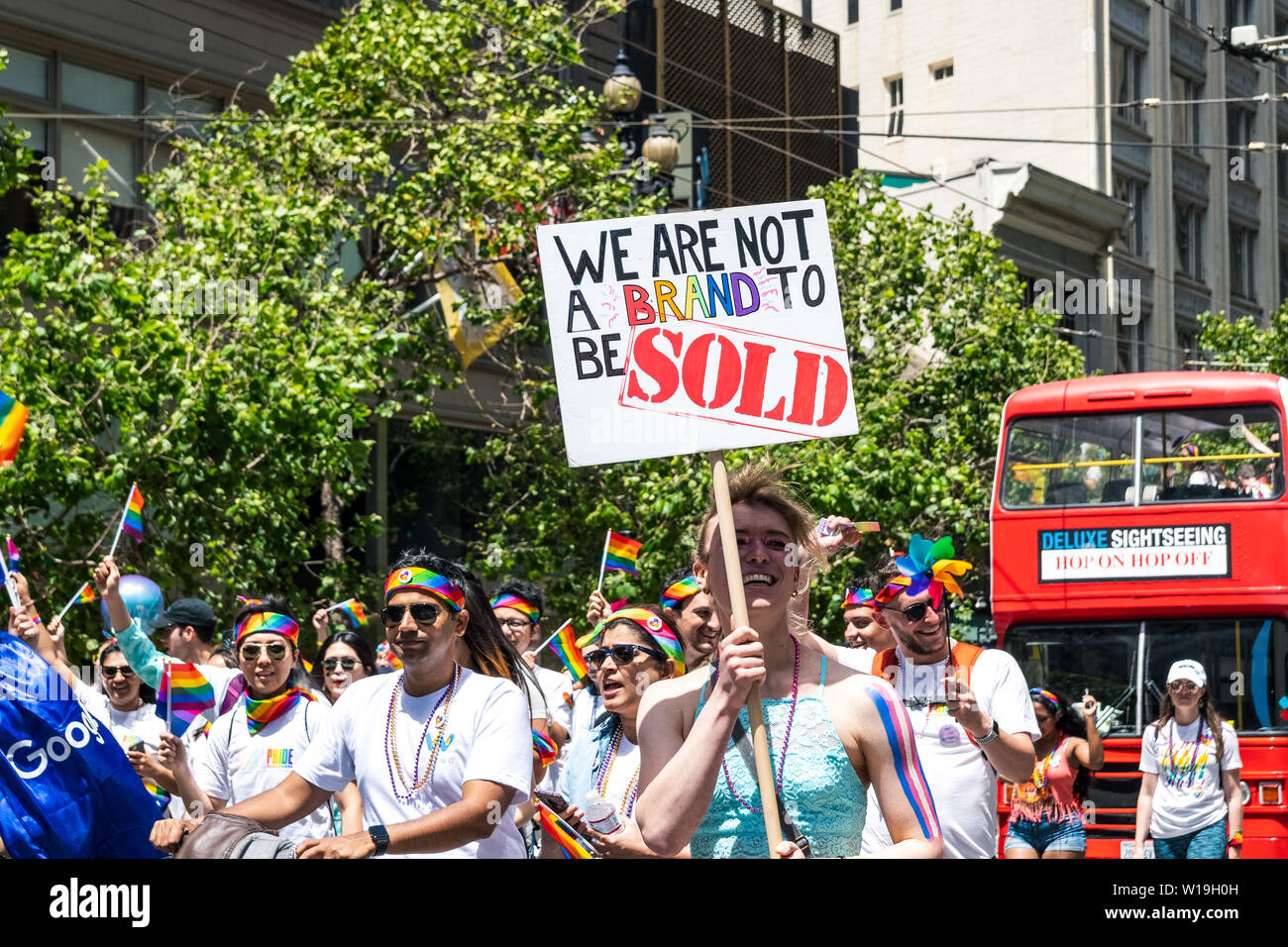 June 30, 2019 San Francisco / CA / USA - Google employees participating at the 2019 San Francisco Pride Parade; participant carrying a sign stating ' Stock Photo