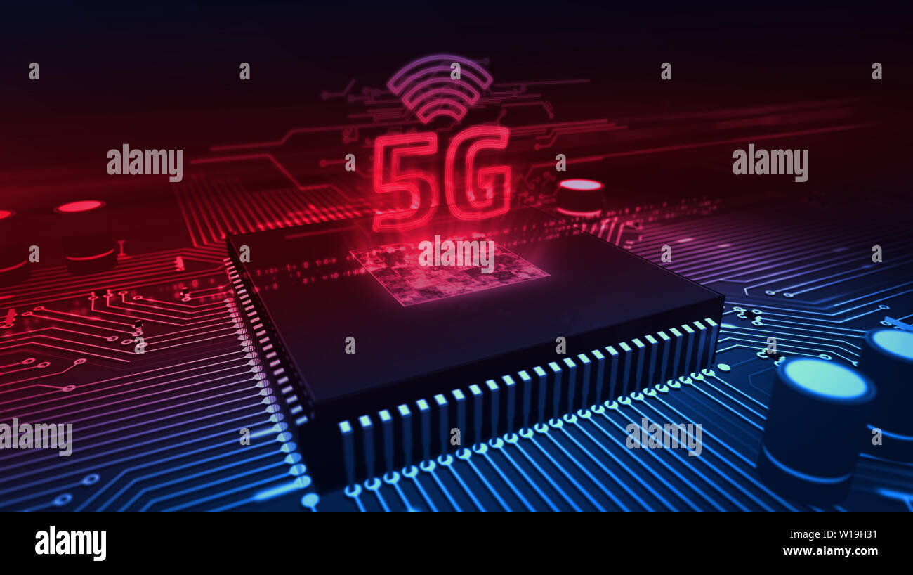 5G hologram over working cpu on circuit board in background. 5G, new technology, communication, streaming transmission and mobile internet concept 3d Stock Photo