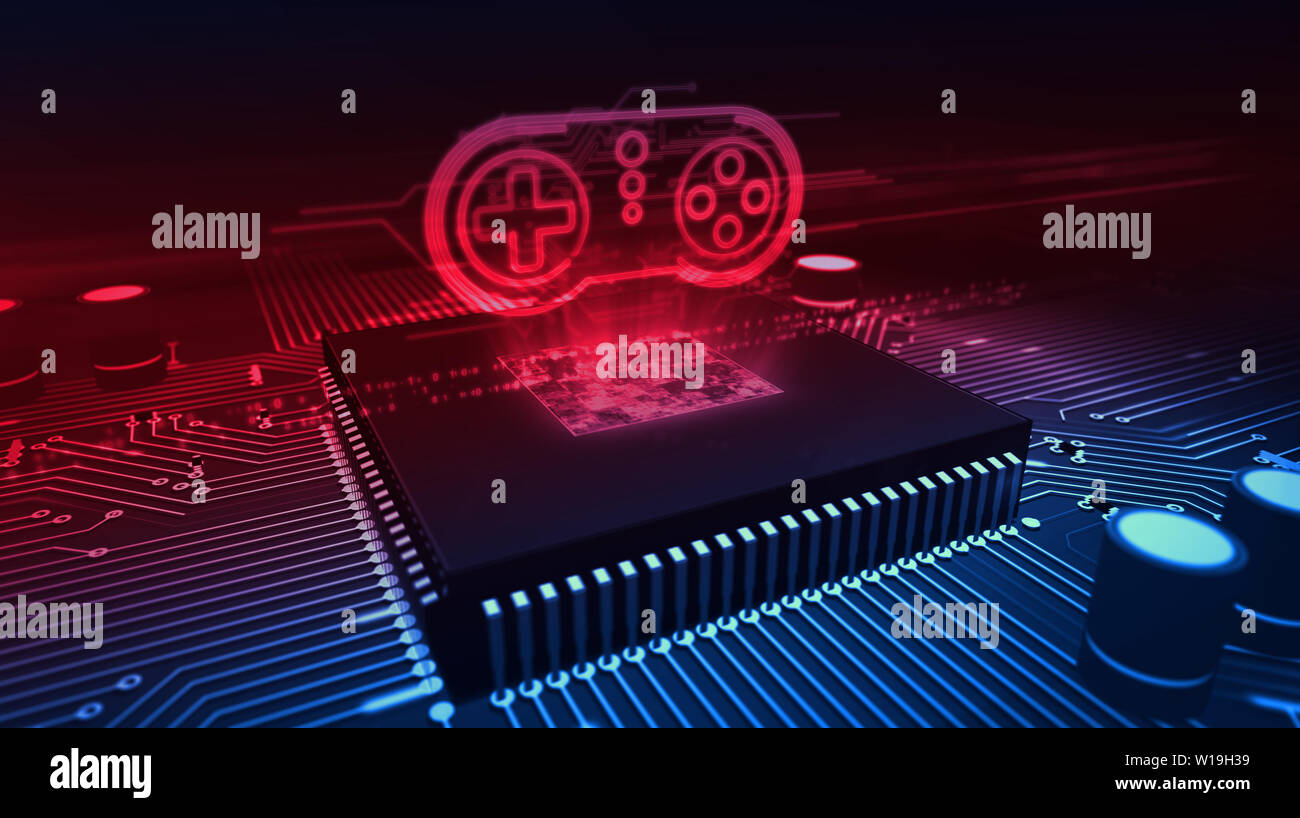 Gamepad hologram over working cpu in background. Futuristic circuit board 3d illustration. Concept of create and coding game, video gaming and online Stock Photo - Alamy Gamepad hologram over working cpu in background. Futuristic circuit board 3d illustration. Concept of create and coding game, video gaming and online Stock Photo - Alamy