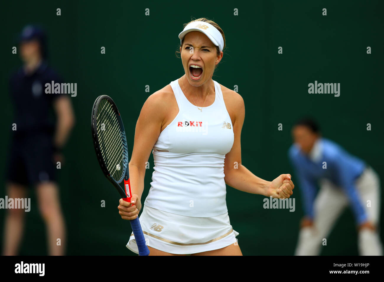 Danielle Collins reacts on day one of the Wimbledon Championships at