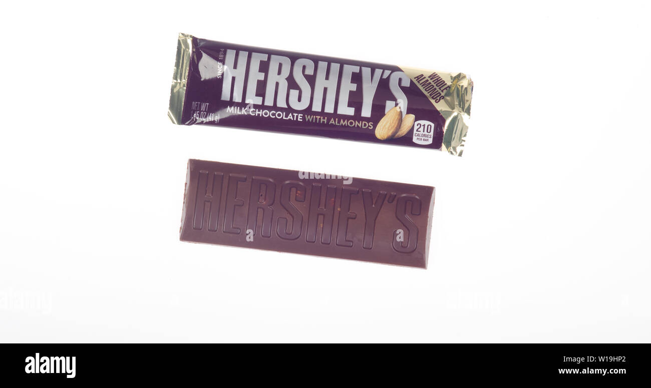Hersheys milk chocolate with almonds candy bar Stock Photo