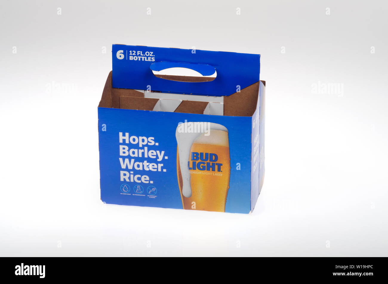 Bud Light empty beer 6 pack from Anheuser-Bush Stock Photo