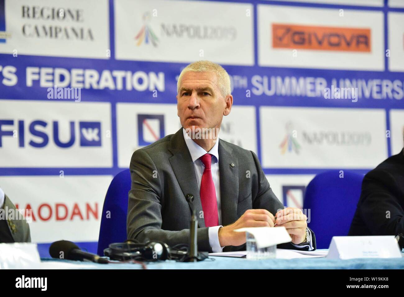 Napoli, Italy. 01st July, 2019. The President of the FISU Oleg Matytsin during the opening press conference of the 30th Summer Universiade Napoli 2019 at at the Media Press Center of the Mostra d'Oltremare of Napoli Credit: Paola Visone/Pacific Press/Alamy Live News Stock Photo