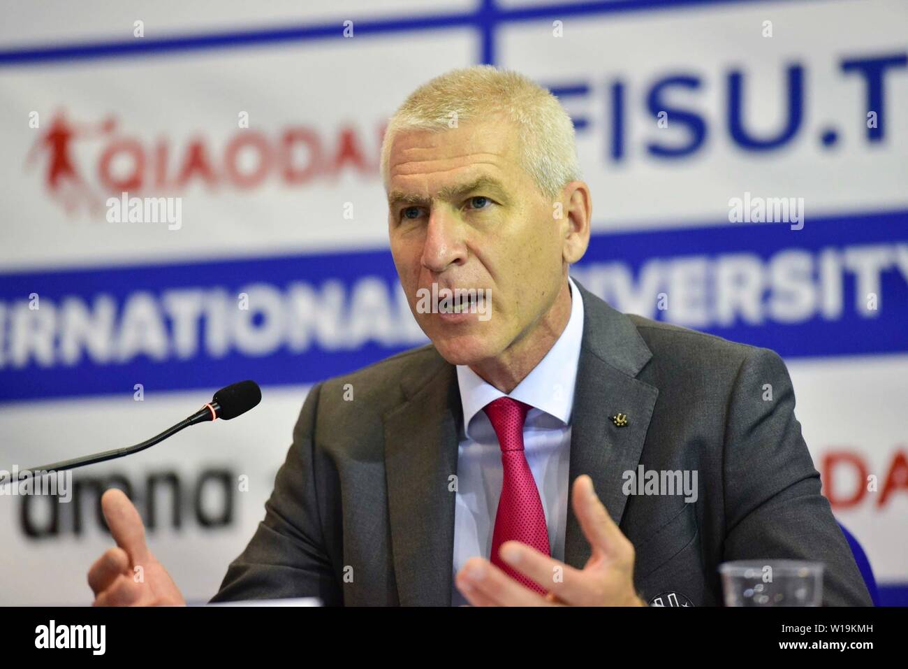 Napoli, Italy. 01st July, 2019. The President of the FISU Oleg Matytsin during the opening press conference of the 30th Summer Universiade Napoli 2019 at at the Media Press Center of the Mostra d'Oltremare of Napoli Credit: Paola Visone/Pacific Press/Alamy Live News Stock Photo