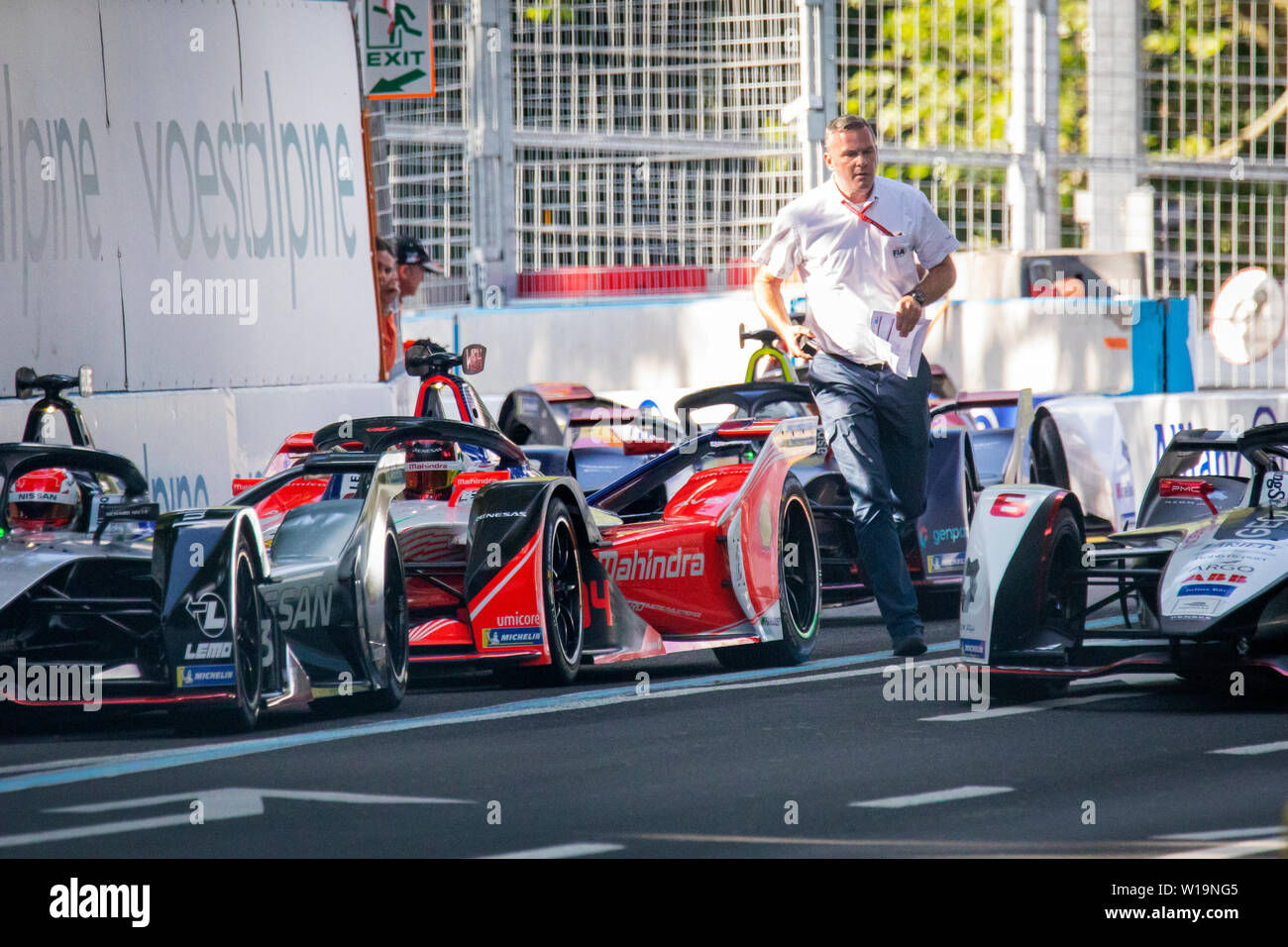 Formula E drivers Sebastian Buemi, Pascal Wehrlein, Sam Bird and Maximilian GÜNTHER being held back by the race direction at the second start attempt of the Julius Bär Formula E race in the swiss capital Bern. Due to a car pile up before turn 1, the race was red flagged and restarted with the original grid position. The decision to use the original grid position was protested by several of the drivers who lost positions they had gained. Stock Photo