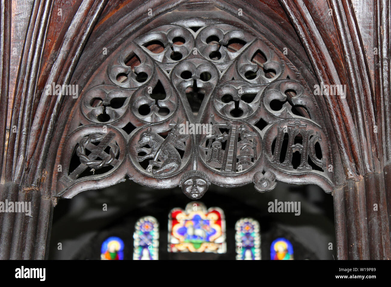 Detail of the Tracery on the Rood Screen in St Grwst's Church, Llanrwst, Conwy, Wales Stock Photo