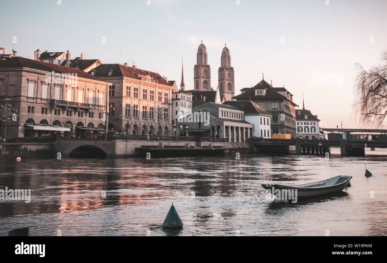 River in Zürich, perfect sunset Stock Photo