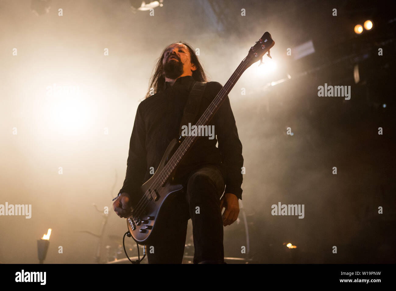 Oslo, Norway - June 27, 2019. The Norwegian black metal band Satyricon performs a live concert during the Norwegian music festival Tons of Rock 2019 in Oslo. Here bass player Anders Odden is seen live on stage. (Photo credit: Gonzales Photo - Per-Otto Oppi). Stock Photo