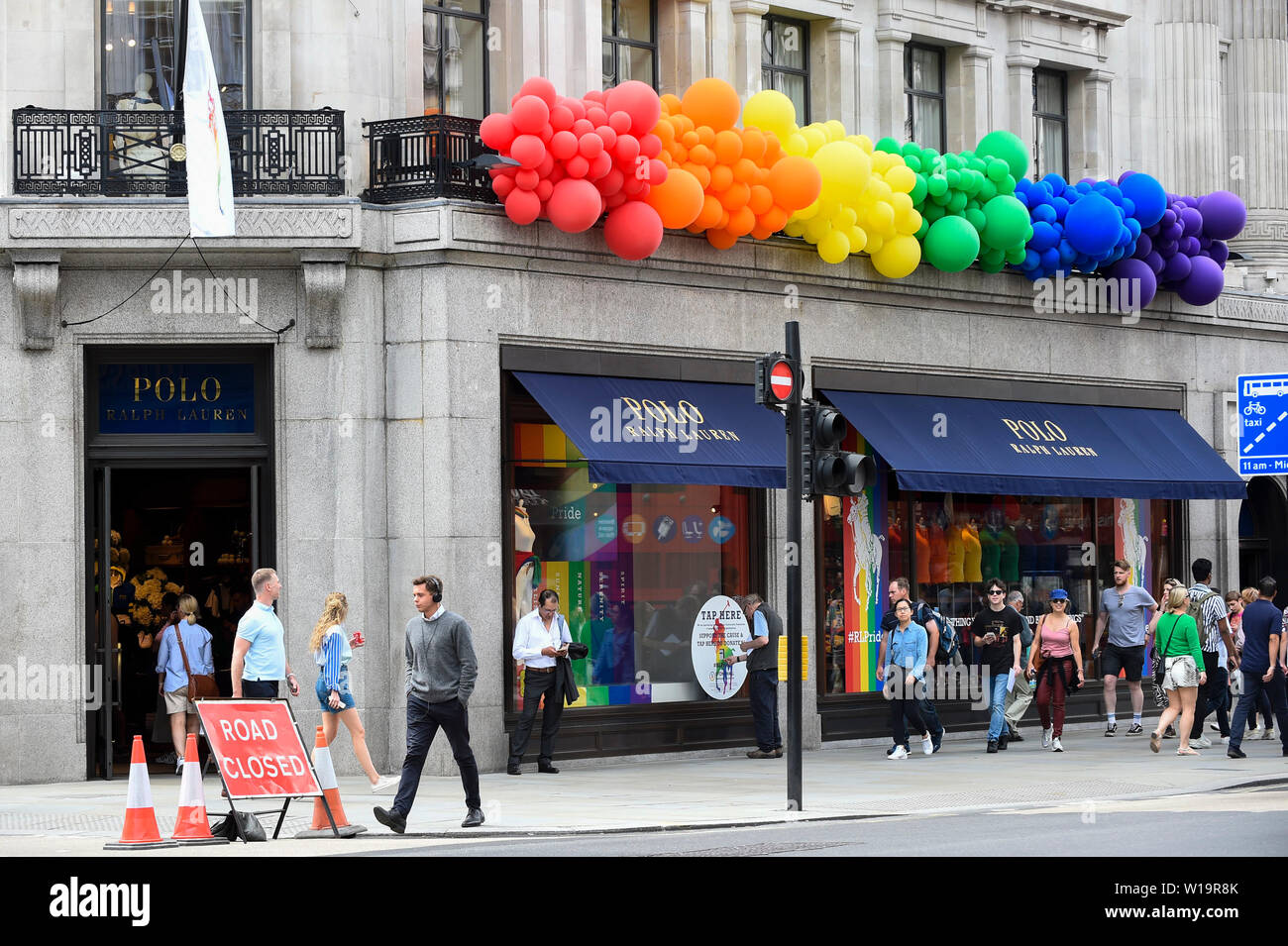 London, UK. 1 July 2019. The Polo Ralph Lauren store in Regent Street is  one of many stores in the capital's West End whose exteriors are decorated  in rainbow colours in support