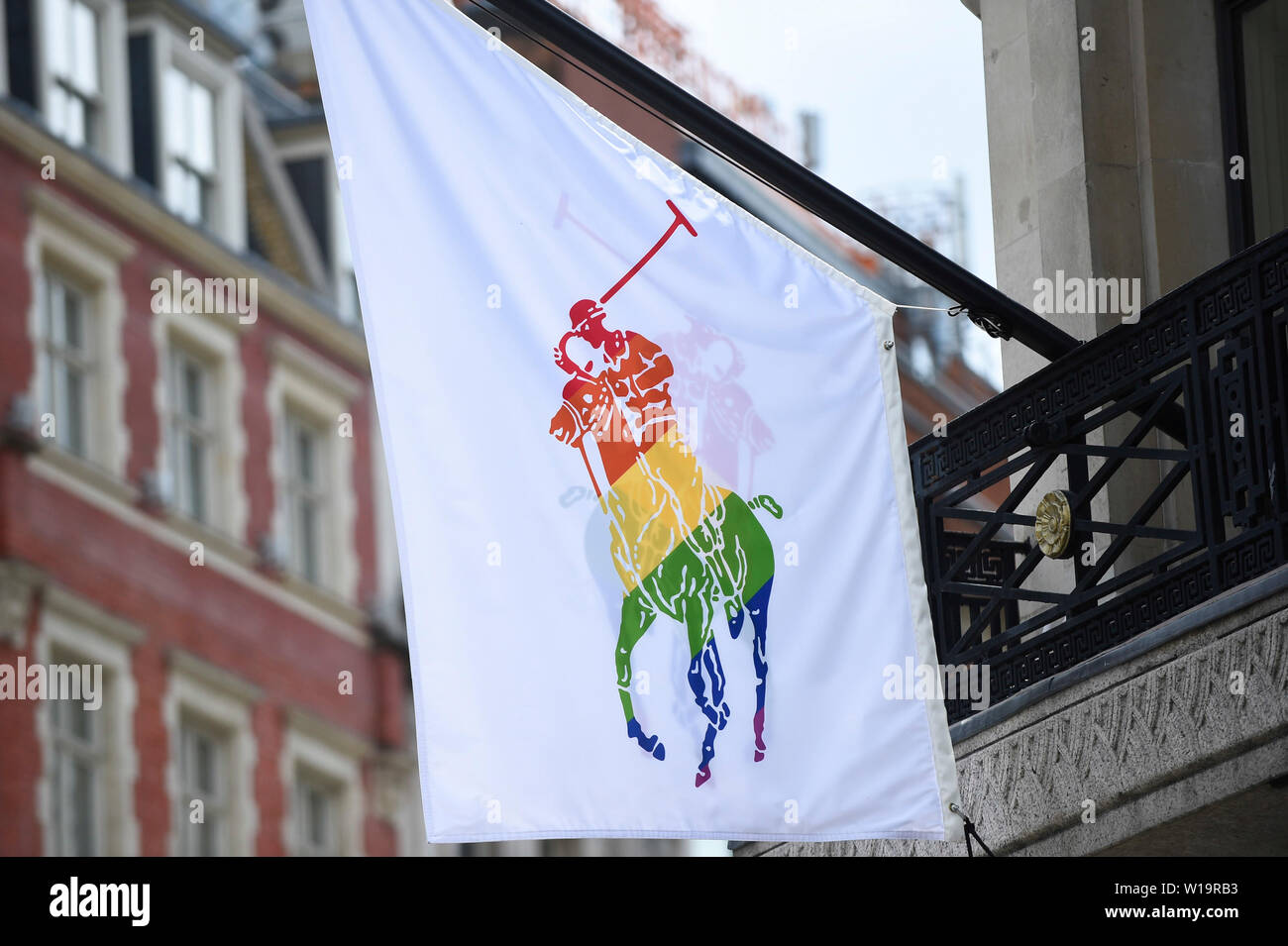London, UK. 1 July 2019. The Polo Ralph Lauren store in Regent Street is  one of many stores in the capital's West End whose exteriors are decorated  in rainbow colours in support